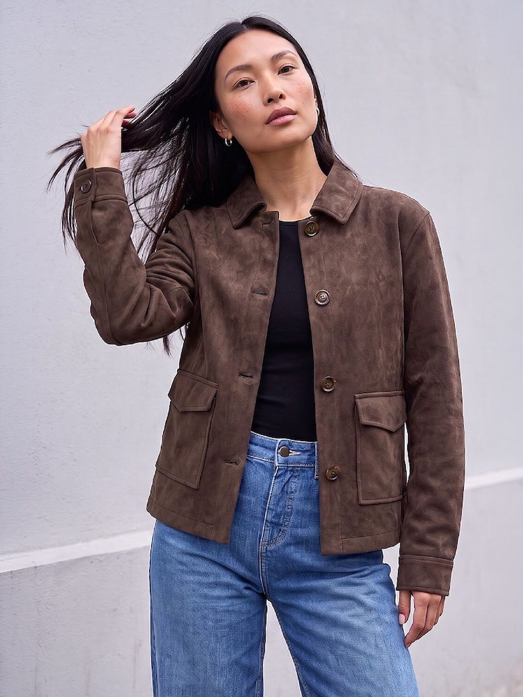 Roman Brown Suedette Button Jacket - Image 1 of 4 Roman Brown Suedette Button Jacket - Image 1 of 4