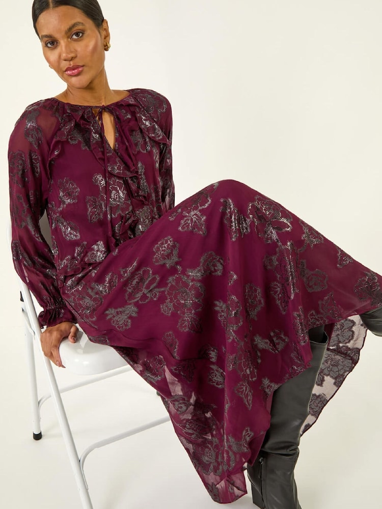 Roman Purple Floral Brocade Frill Midi Dress - Image 1 of 5 Roman Purple Floral Brocade Frill Midi Dress - Image 1 of 5