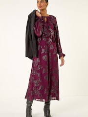 Roman Purple Floral Brocade Frill Midi Dress - Image 2 of 5