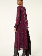 Roman Purple Floral Brocade Frill Midi Dress - Image 3 of 5