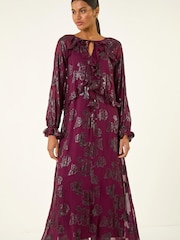 Roman Purple Floral Brocade Frill Midi Dress - Image 4 of 5