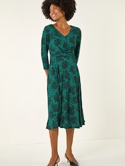 Roman Green Speckled Print Wrap Bodice Midi Dress - Image 1 of 5