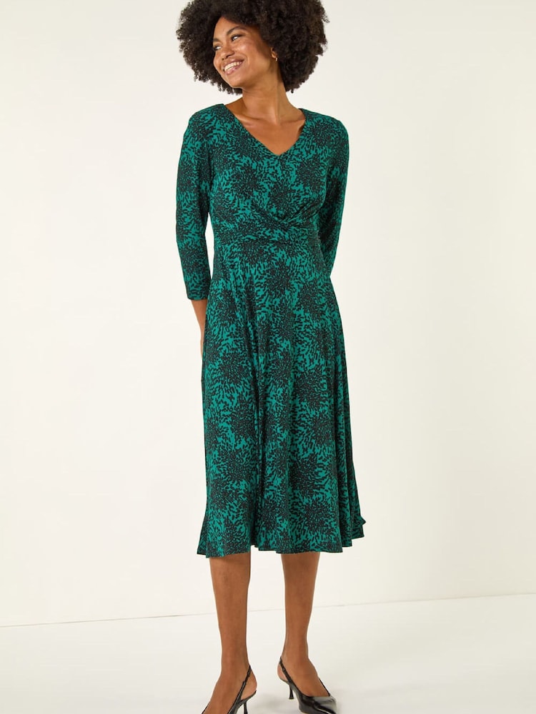 Roman Green Speckled Print Wrap Bodice Midi Dress - Image 1 of 5 Roman Green Speckled Print Wrap Bodice Midi Dress - Image 1 of 5