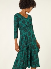 Roman Green Speckled Print Wrap Bodice Midi Dress - Image 2 of 5