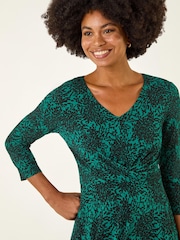 Roman Green Speckled Print Wrap Bodice Midi Dress - Image 4 of 5