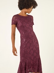Roman Purple Lace Sequin Midi Dress - Image 4 of 5