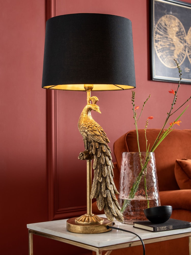 Black/Gold Peacock Table Lamp - Image 1 of 5