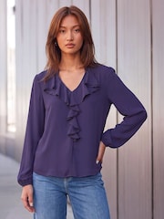 Roman Purple Plain Ruffle Neck Blouse - Image 1 of 4