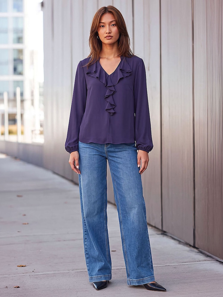 Roman Purple Plain Ruffle Neck Blouse - Image 2 of 4
