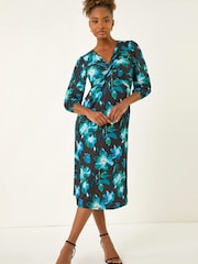 Roman Blue Floral Twist Front Midi Dress - Image 1 of 5