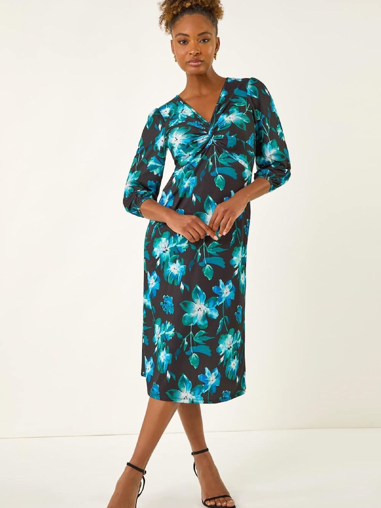 Roman Blue Floral Twist Front Midi Dress - Image 1 of 5