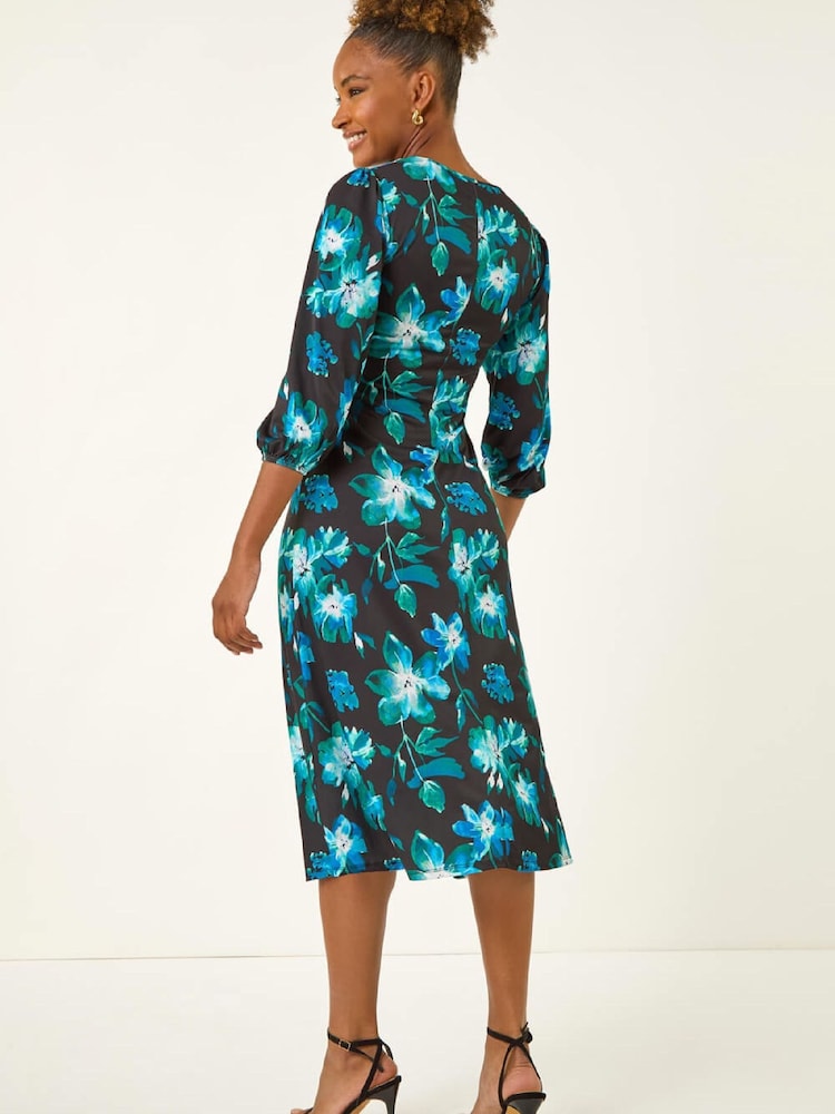 Roman Blue Floral Twist Front Midi Dress - Image 2 of 5