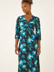 Roman Blue Floral Twist Front Midi Dress - Image 3 of 5