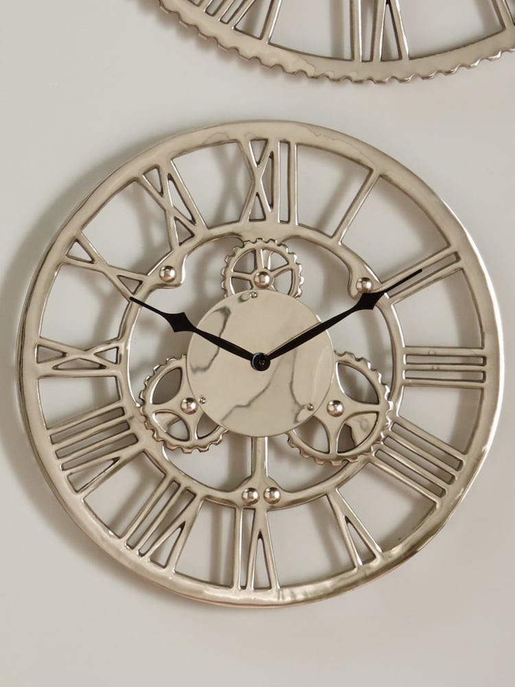 Pacific Silver Shiny Nickel Cog Design Small Round Wall Clock - Image 1 of 2