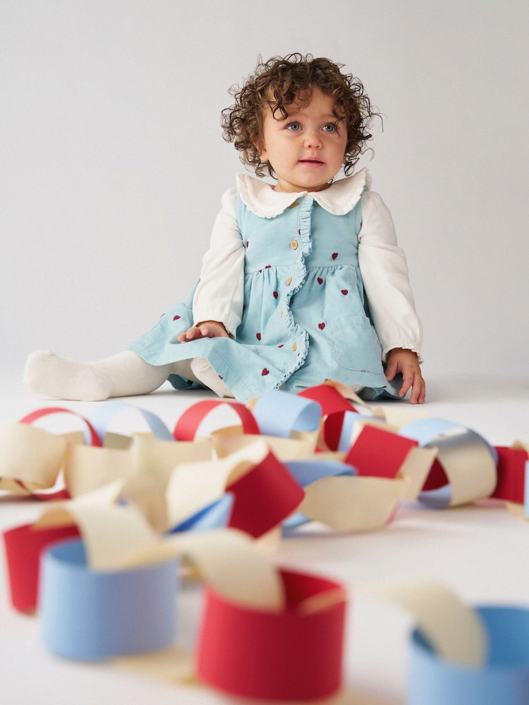 JoJo Maman Bébé Blue Heart Embroidered Baby Dress & Body Set - Image 1 of 2 JoJo Maman Bébé Blue Heart Embroidered Baby Dress & Body Set - Image 1 of 2