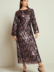 Black/Pink Long Sleeve Twist Sequin Midi Dress - Image 1 of 6