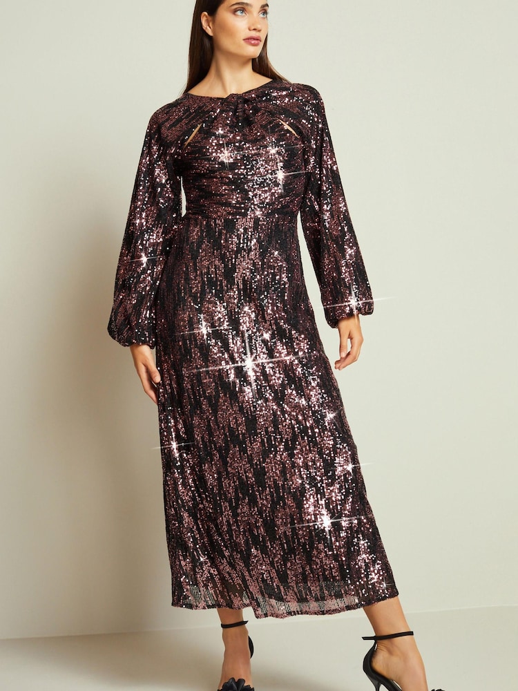 Black/Pink Long Sleeve Twist Sequin Midi Dress - Image 1 of 6