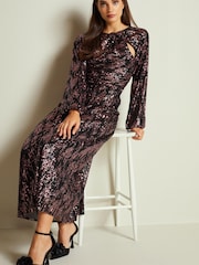 Black/Pink Long Sleeve Twist Sequin Midi Dress - Image 2 of 6
