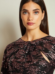 Black/Pink Long Sleeve Twist Sequin Midi Dress - Image 4 of 6