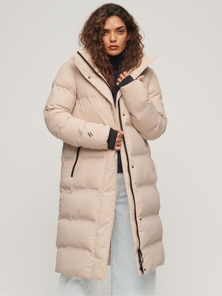 Superdry Grey Hooded Longline Puffer Jacket - Image 1 of 6