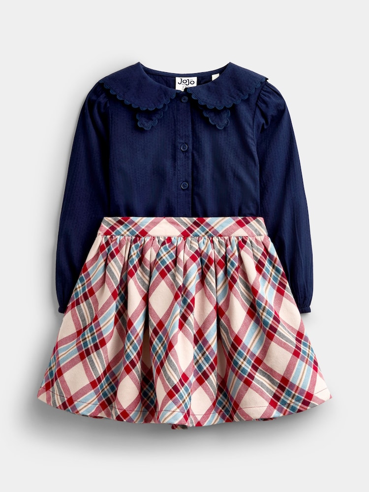 JoJo Maman Bébé Blue & Red Tartan Check Skort & Dobby Blouse Set - Image 1 of 7 JoJo Maman Bébé Blue & Red Tartan Check Skort & Dobby Blouse Set - Image 1 of 7