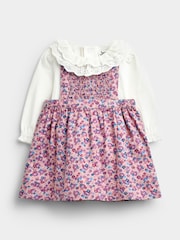 JoJo Maman Bébé Pink Ditsy Floral Smocked Pinny Dress & Body Set - Image 1 of 6