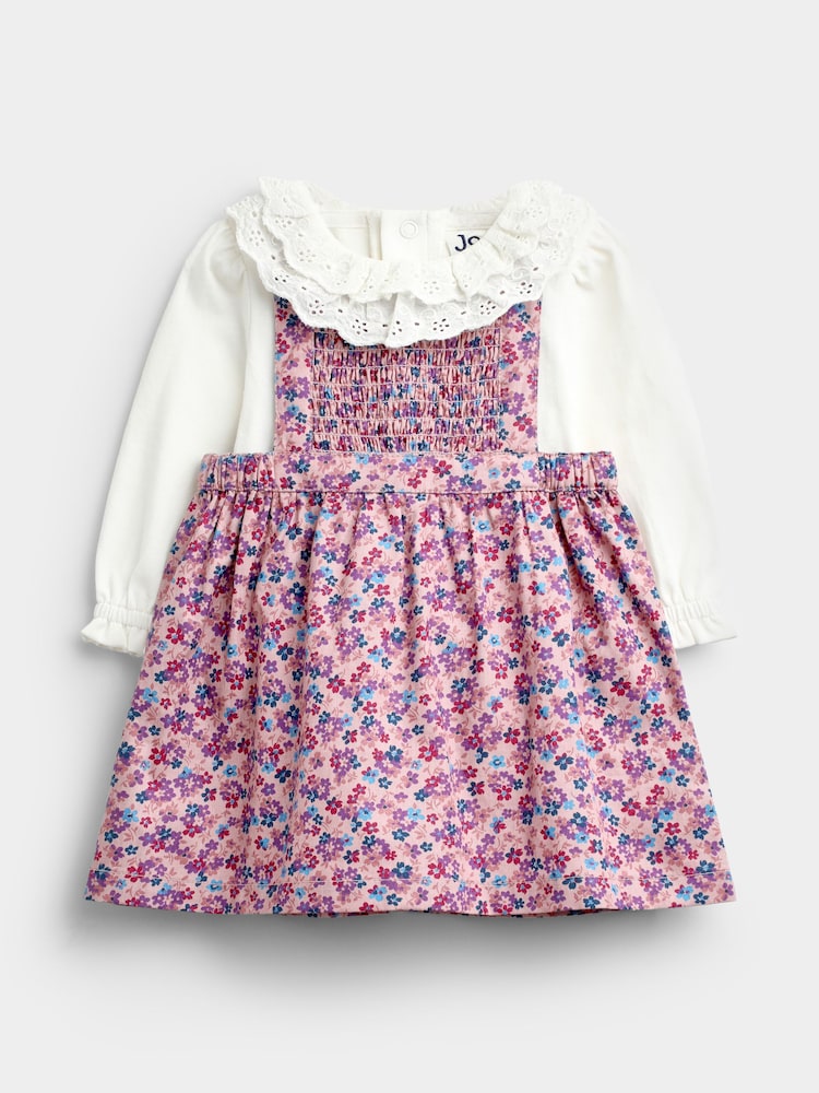 JoJo Maman Bébé Pink Ditsy Floral Smocked Pinny Dress & Body Set - Image 1 of 6 JoJo Maman Bébé Pink Ditsy Floral Smocked Pinny Dress & Body Set - Image 1 of 6