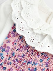 JoJo Maman Bébé Pink Ditsy Floral Smocked Pinny Dress & Body Set - Image 6 of 6