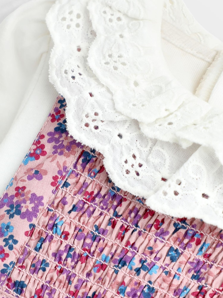 JoJo Maman Bébé Pink Ditsy Floral Smocked Pinny Dress & Body Set - Image 6 of 6 JoJo Maman Bébé Pink Ditsy Floral Smocked Pinny Dress & Body Set - Image 6 of 6