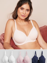 Navy Blue/Pink/White Pad Full Cup DD+ Cotton Blend Bras 3 Pack - Image 1 of 5