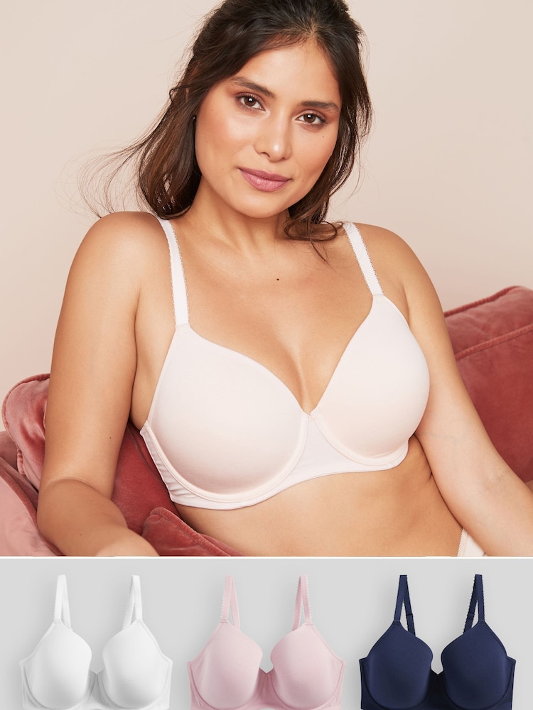 Navy Blue/Pink/White Pad Full Cup DD+ Cotton Blend Bras 3 Pack - Image 1 of 5