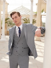 Grey Slim Slim Fit Trimmed Herringbone Suit Jacket - Image 1 of 11