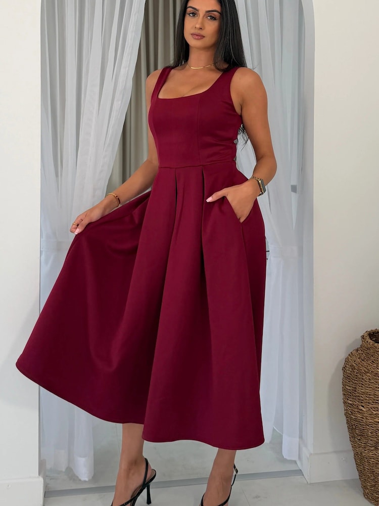 Girl In Mind Red Erica Square Neck Pleated Midi Dress - Image 1 of 6 Girl In Mind Red Erica Square Neck Pleated Midi Dress - Image 1 of 6