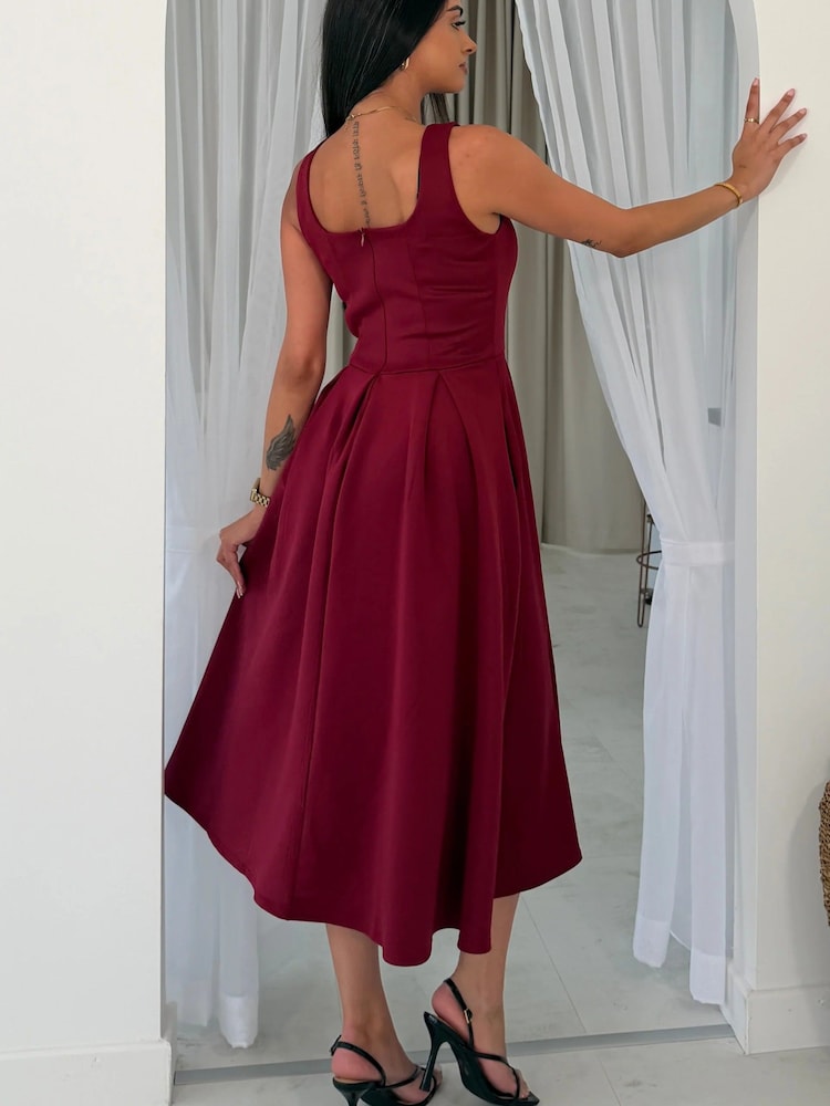 Girl In Mind Red Erica Square Neck Pleated Midi Dress - Image 2 of 6 Girl In Mind Red Erica Square Neck Pleated Midi Dress - Image 2 of 6