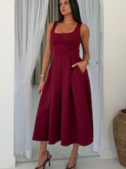 Girl In Mind Red Erica Square Neck Pleated Midi Dress - Image 3 of 6