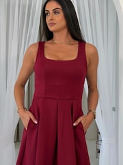 Girl In Mind Red Erica Square Neck Pleated Midi Dress - Image 4 of 6