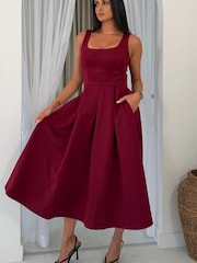 Girl In Mind Red Erica Square Neck Pleated Midi Dress - Image 5 of 6