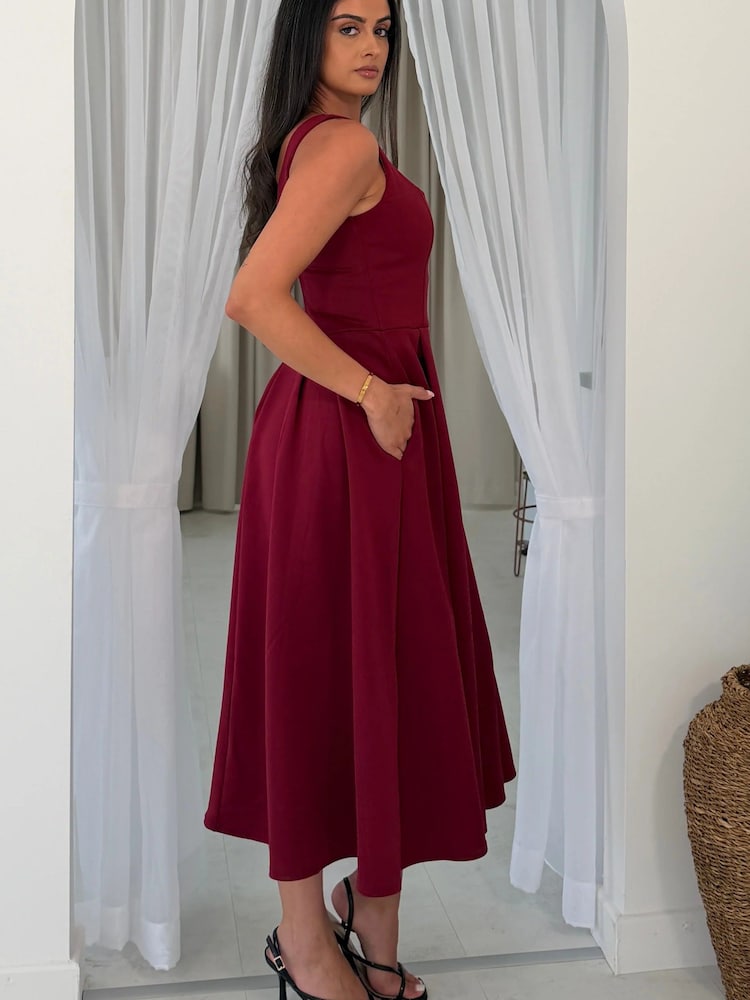 Girl In Mind Red Erica Square Neck Pleated Midi Dress - Image 6 of 6 Girl In Mind Red Erica Square Neck Pleated Midi Dress - Image 6 of 6
