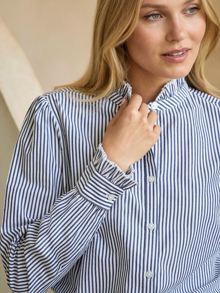Blau - Pure Collection Cotton Frill Neck Shirt - Bild 3 von 3