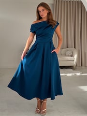 Girl In Mind Chocolate Brown Betty Asymmetric Neckline Skater Midi Dress - Image 1 of 6