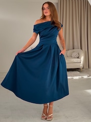 Girl In Mind Chocolate Brown Betty Asymmetric Neckline Skater Midi Dress - Image 4 of 6