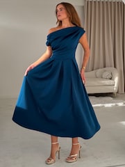 Girl In Mind Chocolate Brown Betty Asymmetric Neckline Skater Midi Dress - Image 5 of 6