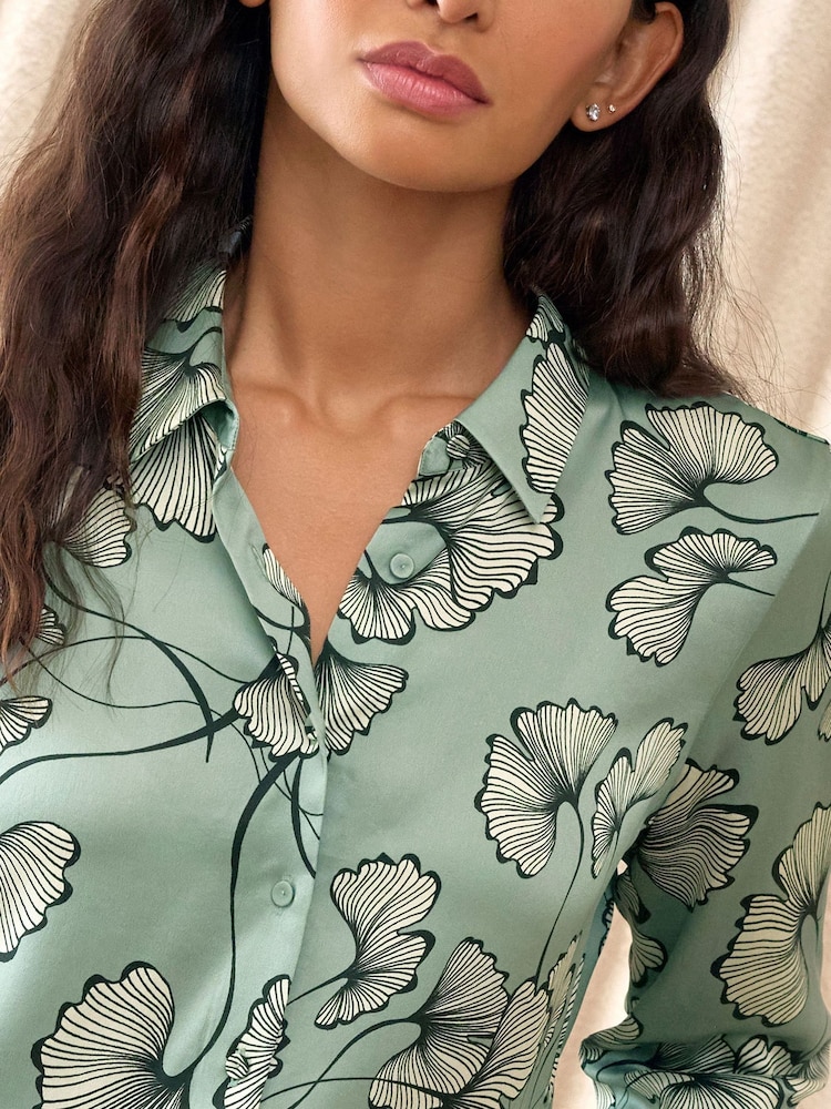 Pure Collection Green Floral Silk Satin Shirt - Image 3 of 3 Pure Collection Green Floral Silk Satin Shirt - Image 3 of 3