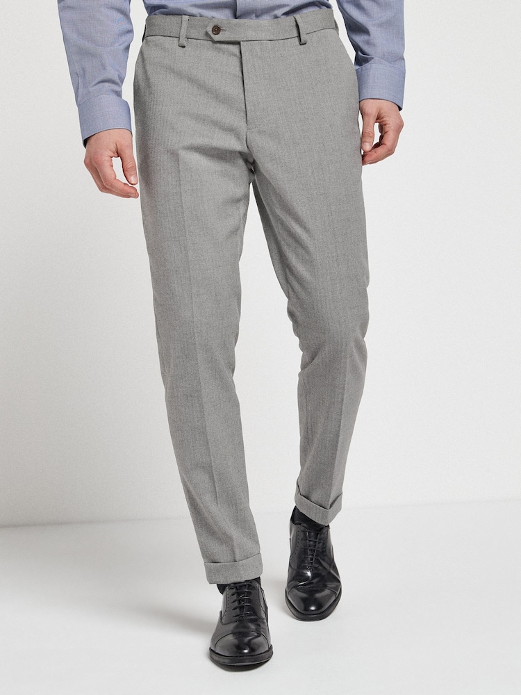 Grey Slim Fit Slim Fit Trimmed Herringbone Suit: Trousers - Image 1 of 6