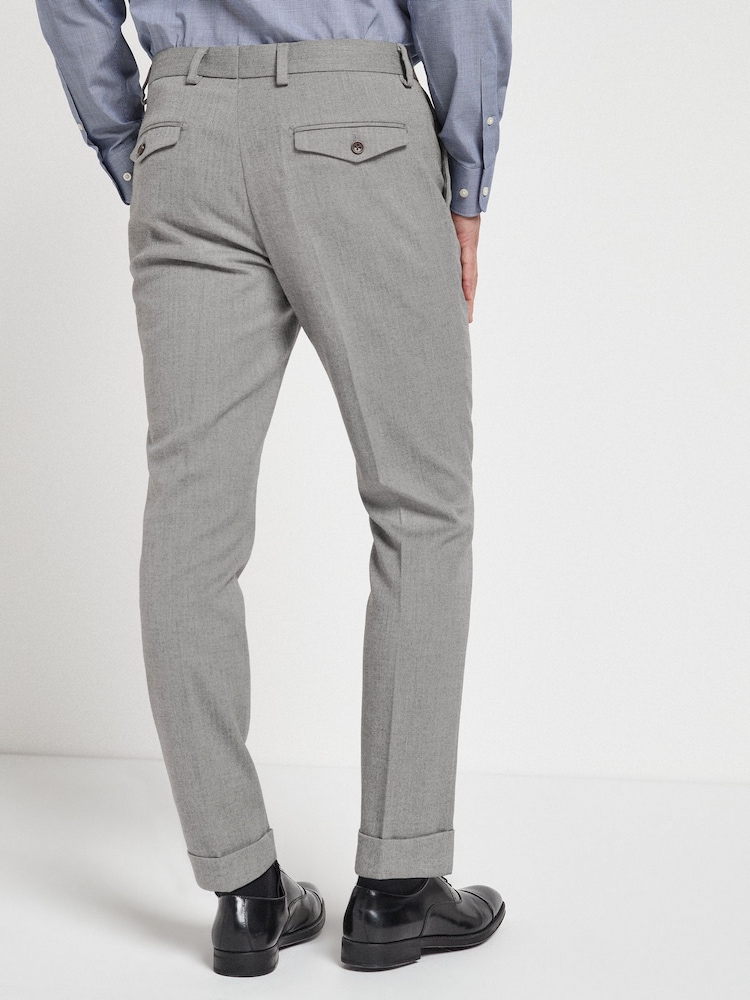 Grey Slim Fit Slim Fit Trimmed Herringbone Suit: Trousers - Image 2 of 6
