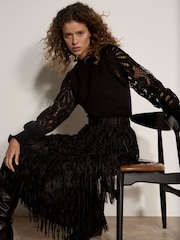 Apricot Black Fringe Trim Tiered Midi Skirt - Image 1 of 5