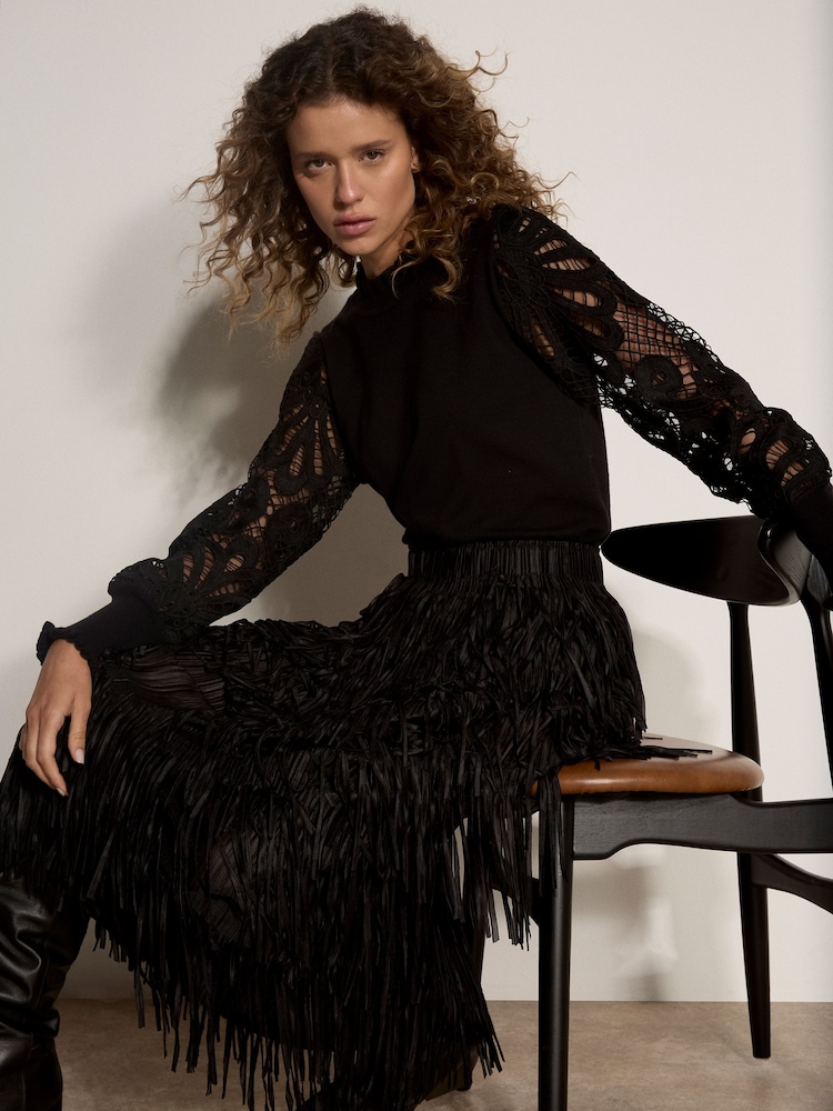 Apricot Black Fringe Trim Tiered Midi Skirt - Image 1 of 5 Apricot Black Fringe Trim Tiered Midi Skirt - Image 1 of 5