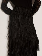 Apricot Black Fringe Trim Tiered Midi Skirt - Image 2 of 5