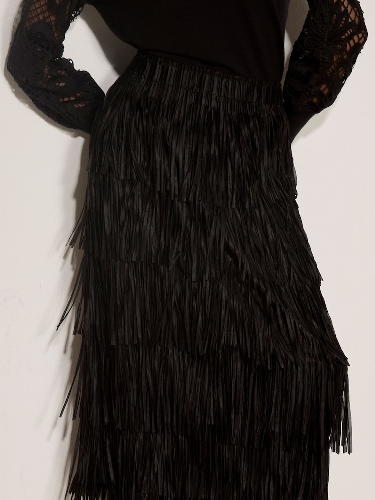 Apricot Black Fringe Trim Tiered Midi Skirt - Image 2 of 5 Apricot Black Fringe Trim Tiered Midi Skirt - Image 2 of 5