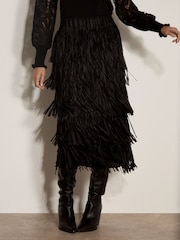 Apricot Black Fringe Trim Tiered Midi Skirt - Image 3 of 5